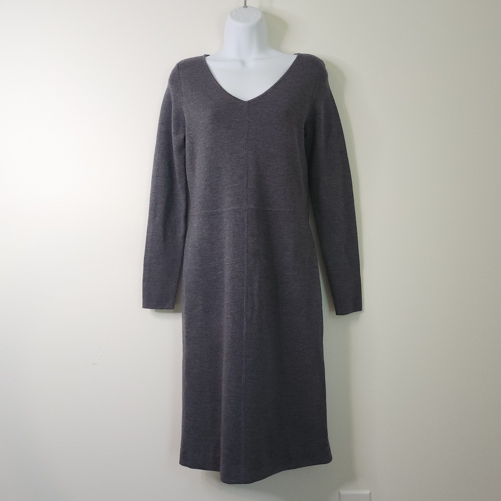 100% Pure Merino Wool Gray Sweater Dress XS Quiet Luxury V Neck Midi Minimalist